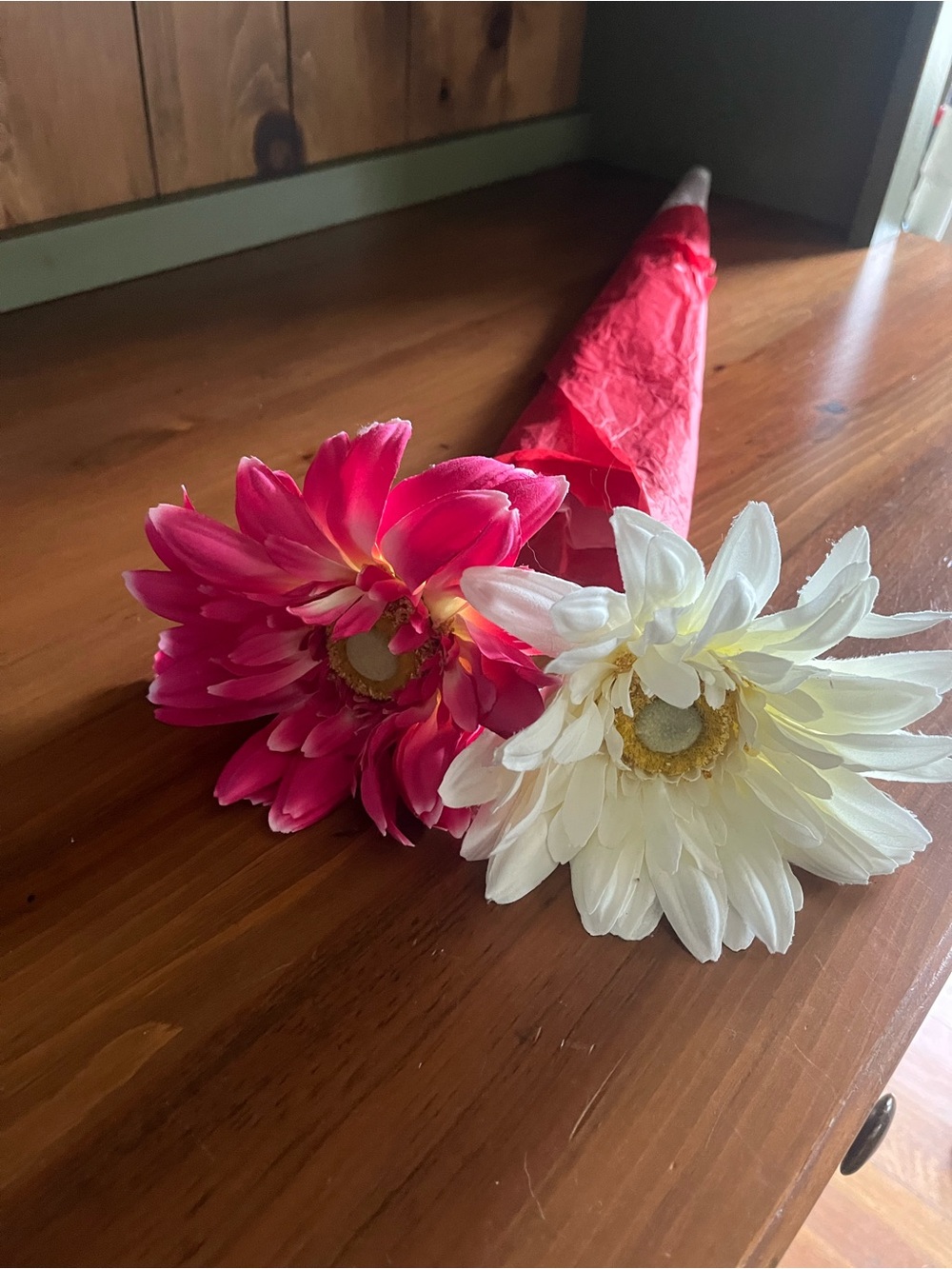2 Artificial Flowers- Pink & White